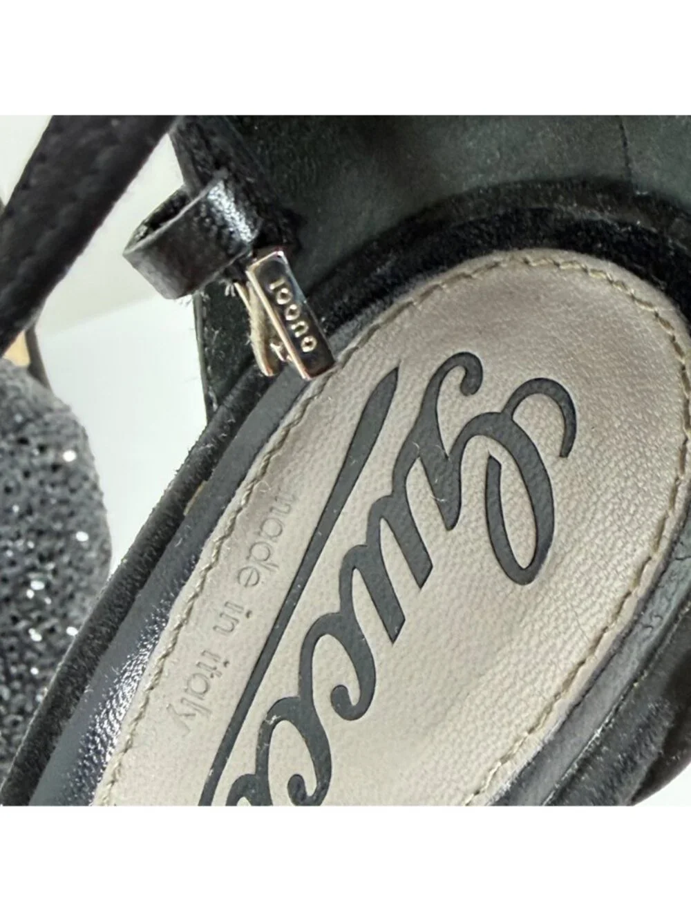 GUCCI Sofia Black Suede Crystal Embellished Heels Ankle Strap Platform Size 37 - Picture 12 of 16